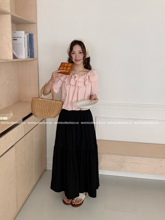 #3022 Elasticized High Waisted Cotton A Line Skirt - Black