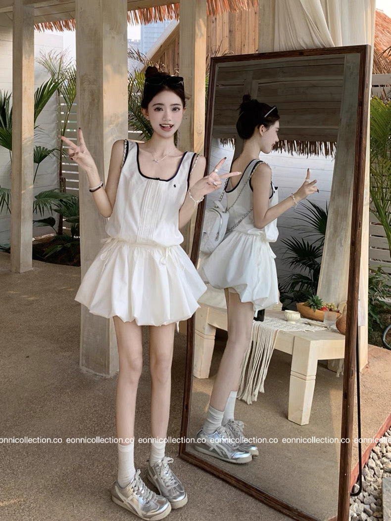 #2034 Sporty Waist Defining Peplum Puff Hem Dress（2 Colors）