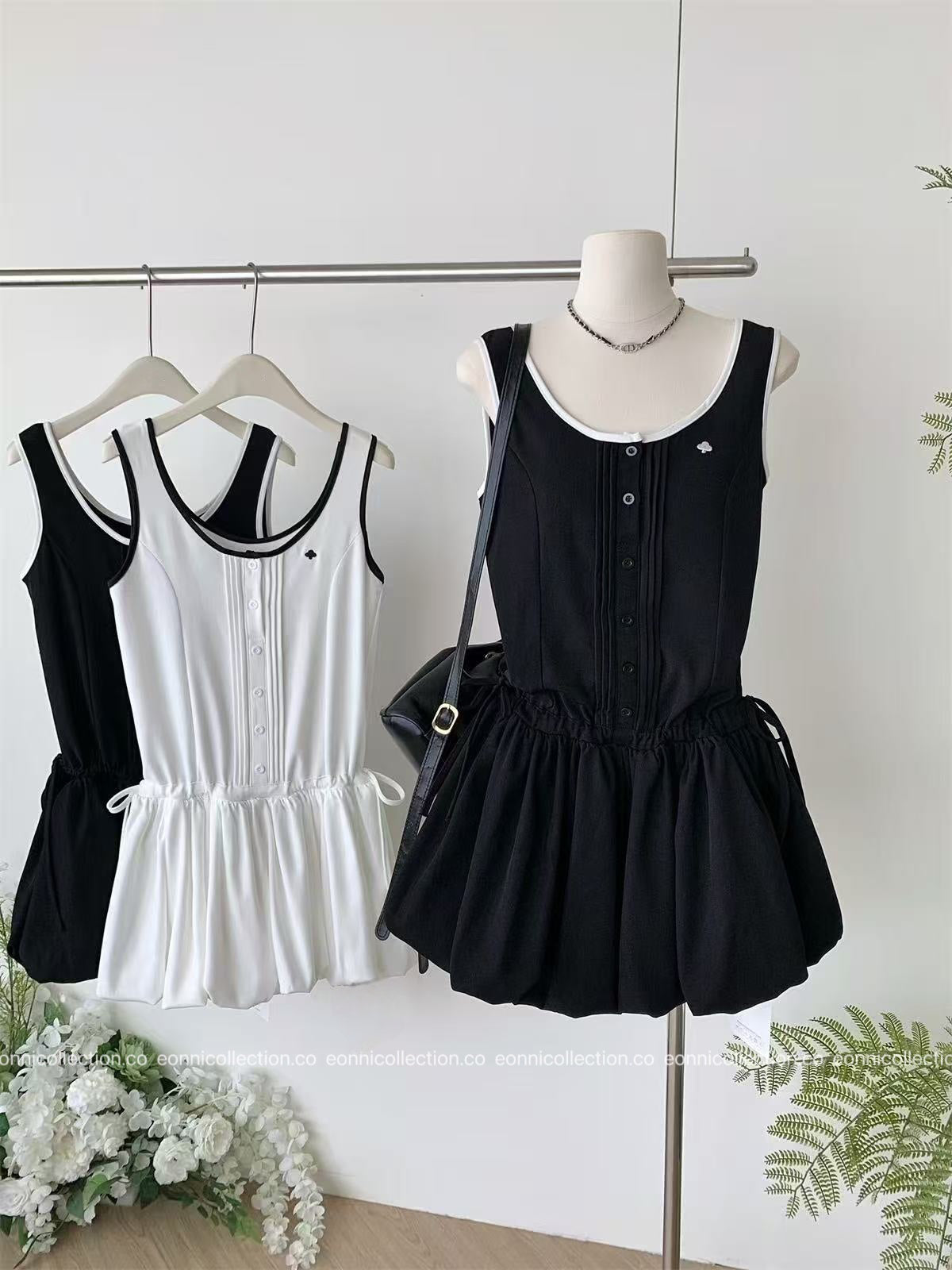 #2034 Sporty Waist Defining Peplum Puff Hem Dress（2 Colors）