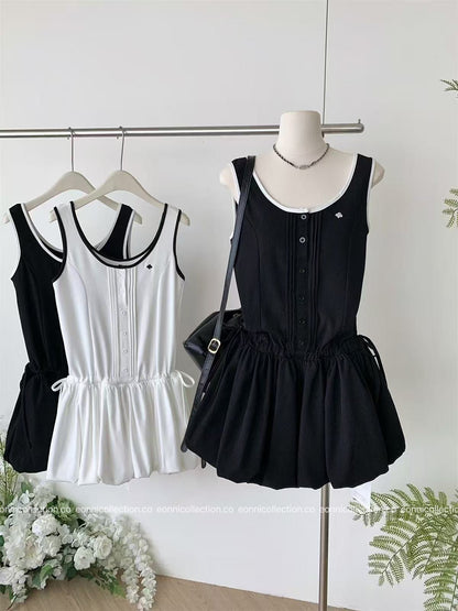 #2034 Sporty Waist Defining Peplum Puff Hem Dress（2 Colors）