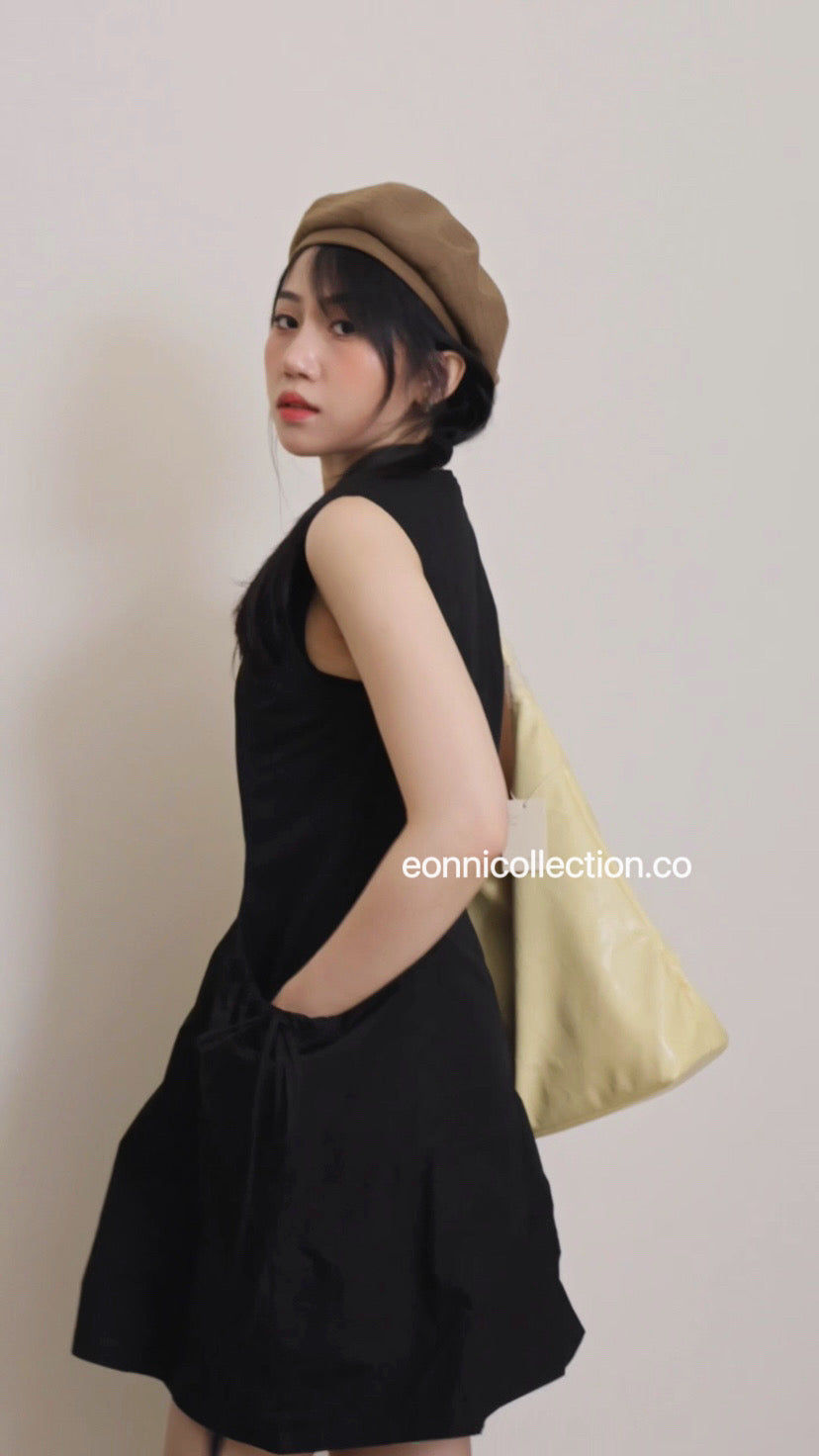 #2030 Korean Style Drawstring Pocket Tank Dress - Black