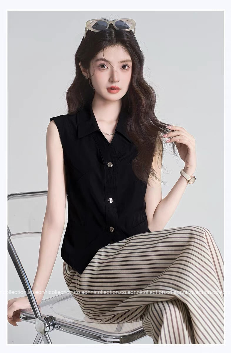 #1093 French Minimal Vest Style Blouse（2 Colors）