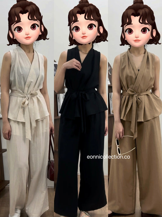 #2004 Cotton-Linen V-Neck Vest Top & Wide-Leg Pants | 2-Piece Minimalist Set（3 Colors)