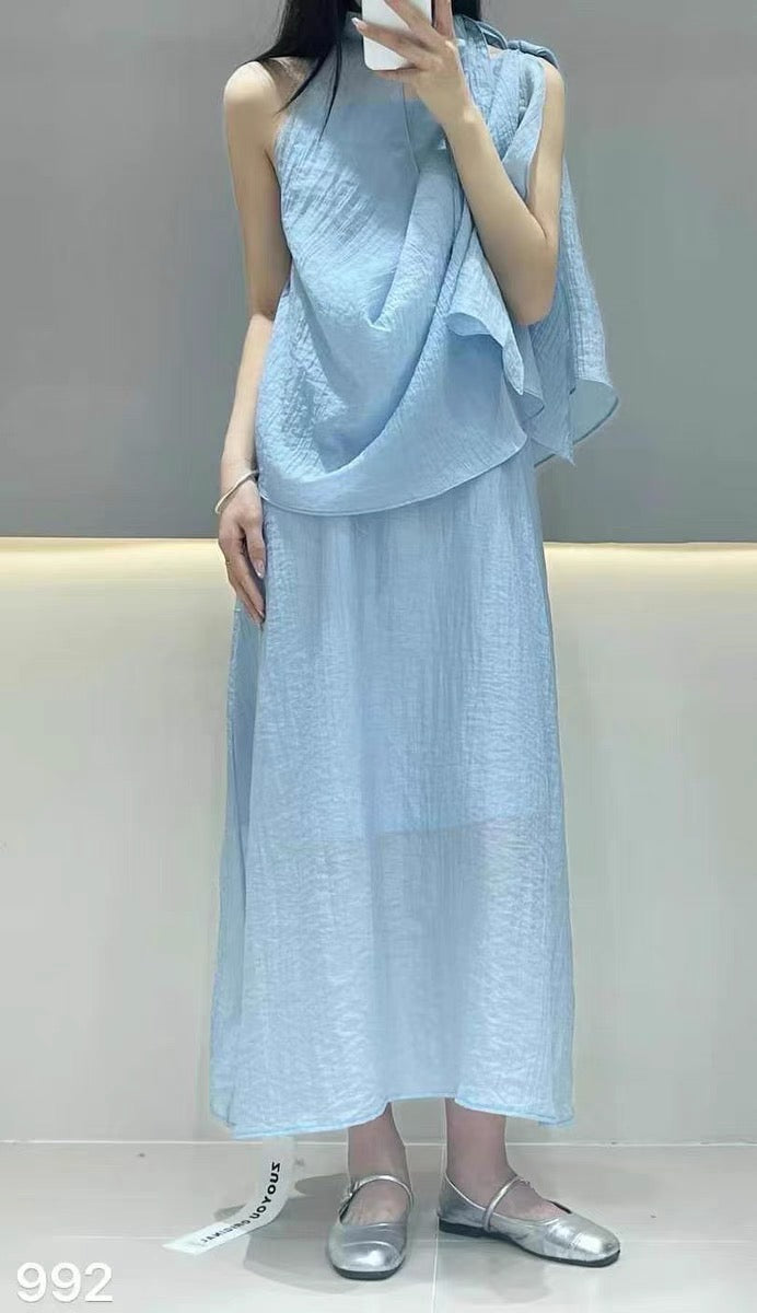 #2011 Effortless French Halter Dress Set - Sky Blue