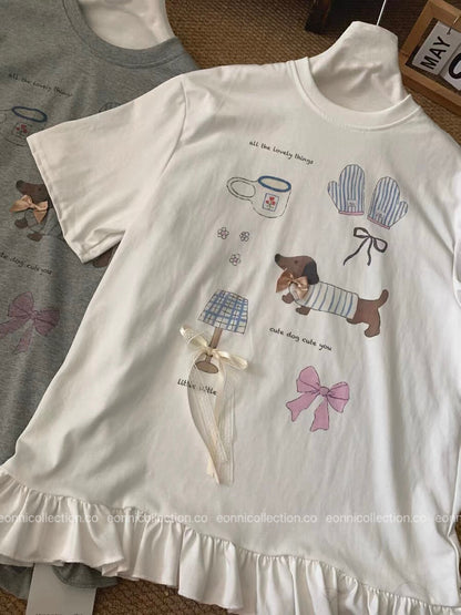 #1067 Korean Streetwear Graphic Tee Edgy Dachshund Print（2 Colors）