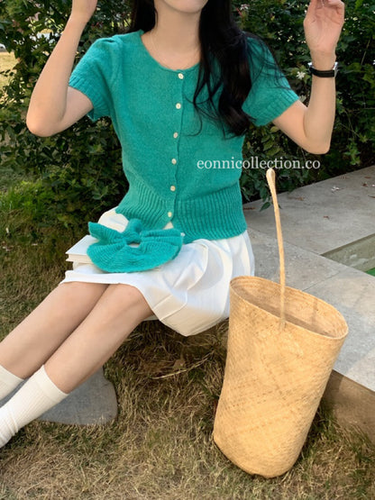 #1025 Korean-Style Lightweight Knit Sweater Short-Sleeve Top With Matching Hair Tie - Green