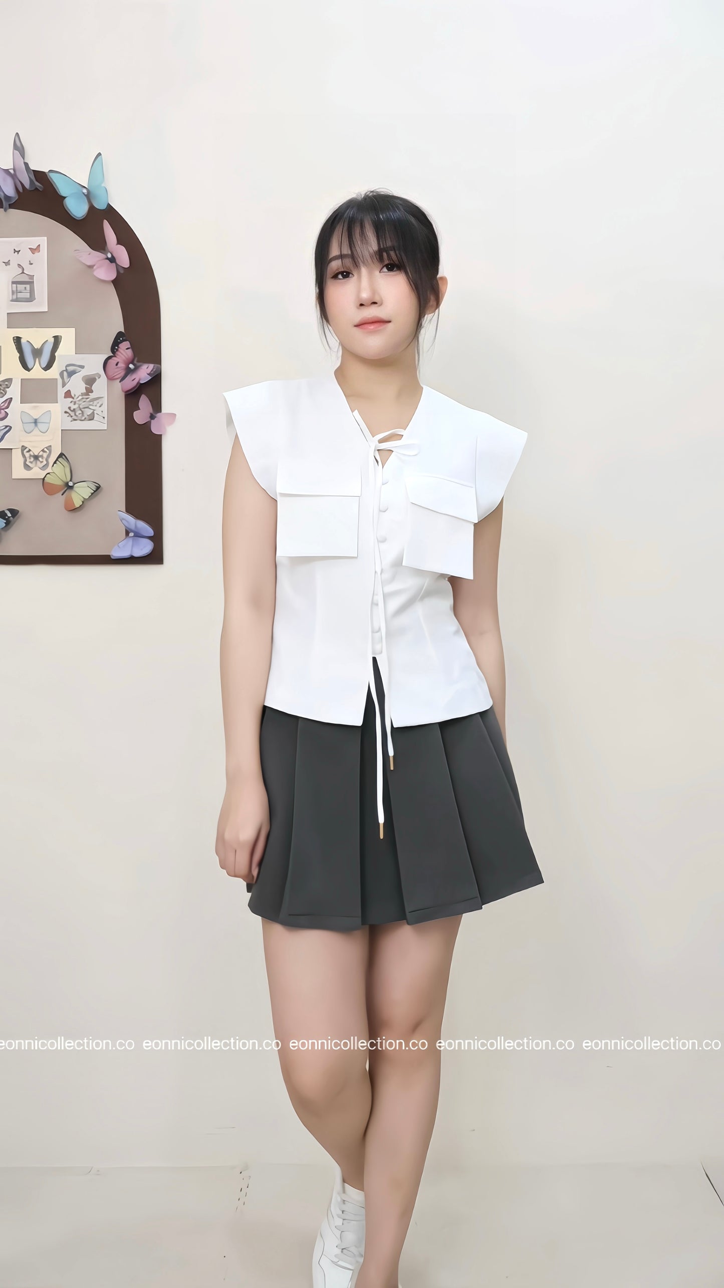#1064 Tie Front Button Detail Flutter Sleeve Top - White