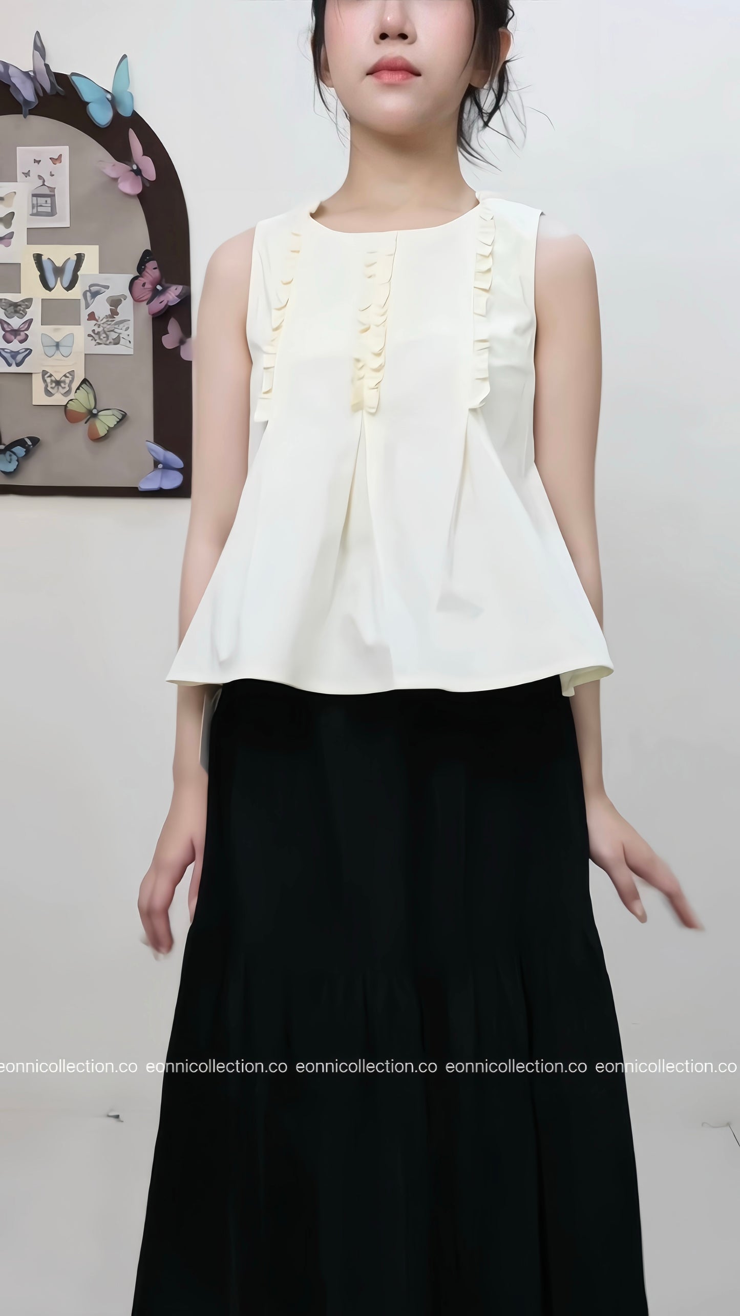 #1075 Sleeveless Pressed Pleats With Ruffle Design Blouse - Yellow
