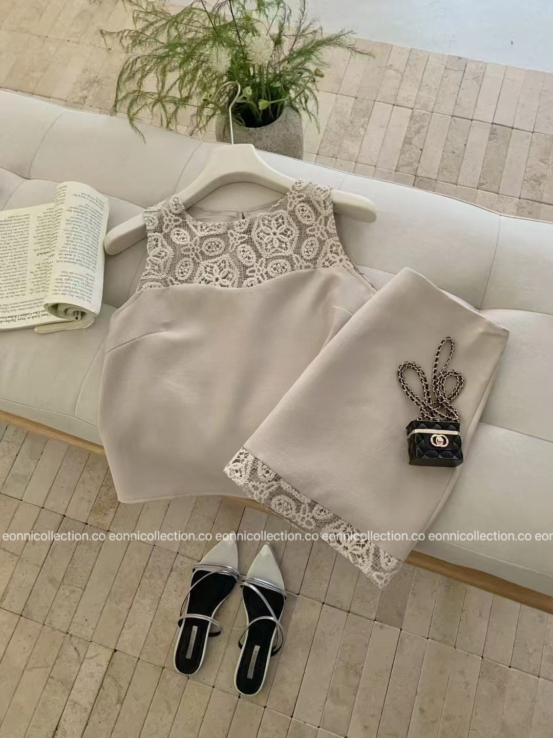 #2051 Women Boucle Set With Delicate Cutwork & Lace Coordinates