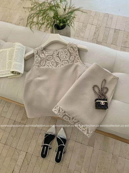 #2051 Women Boucle Set With Delicate Cutwork & Lace Coordinates