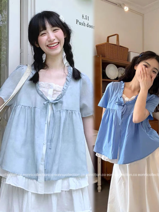 #1078 Mock Layer Blouse With Cascading Ruffle & Relaxed Silhouette（2 Colors）