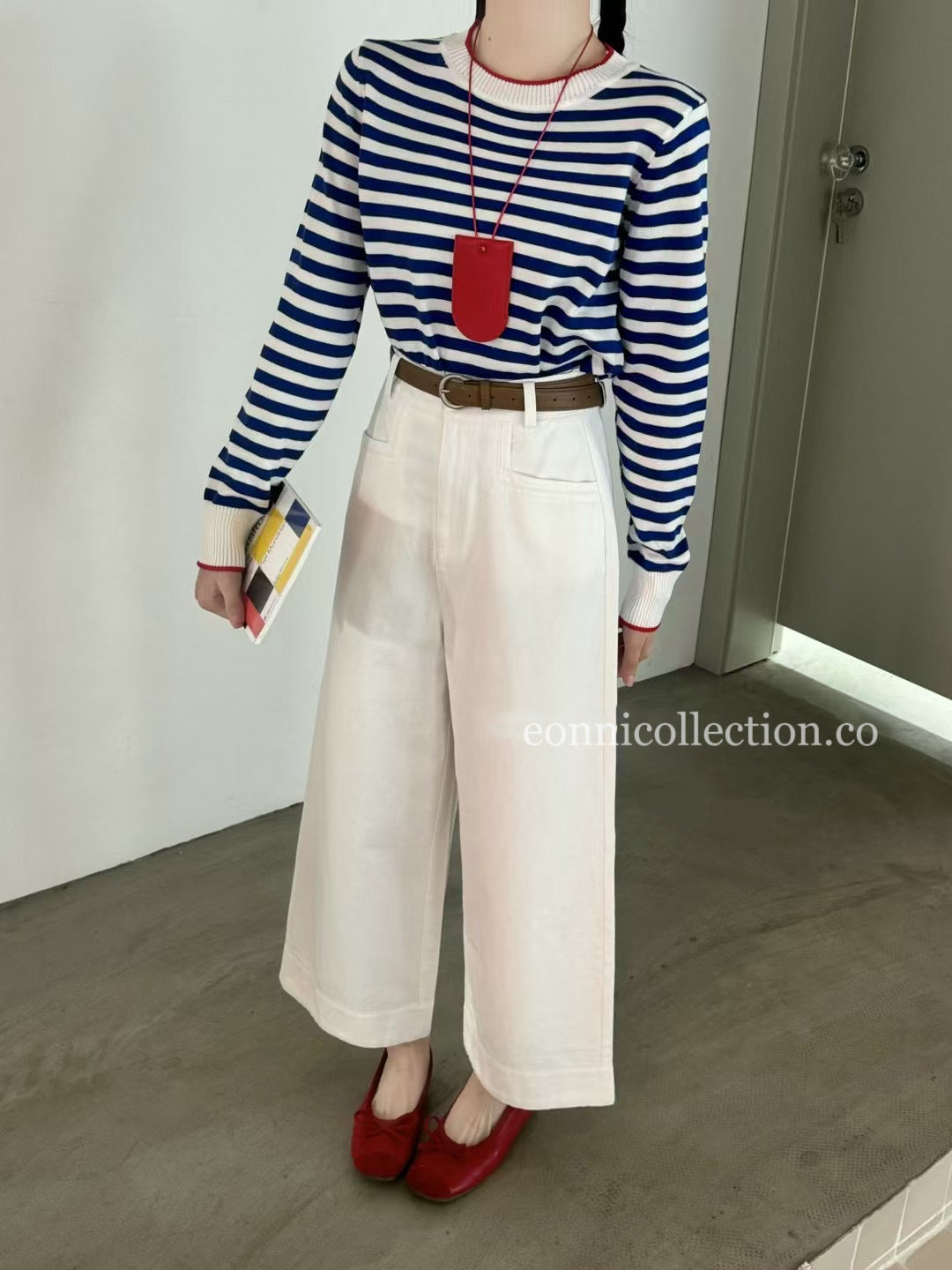 #3011 Korean Style High Waisted Washed Cotton Straight Leg Ankle Pants w/ Belt - White