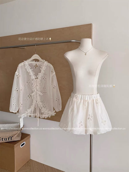 #2108 French Style Eyelet Cardigan Set – Elegant Two-Piece