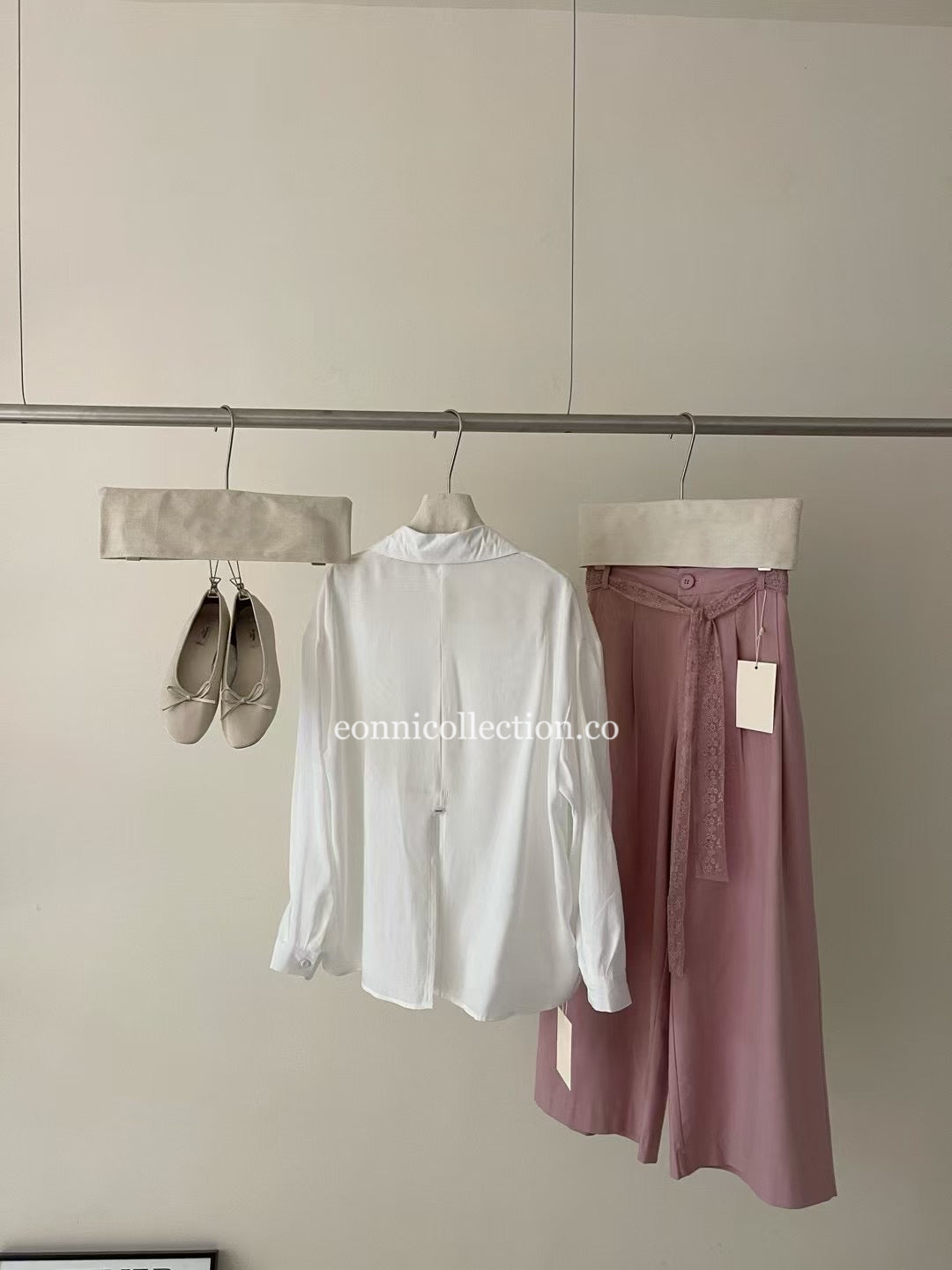 #3015 Washed Cotton Solid Wide-Leg Pants w/  Elastic & Lace Tie - Pink