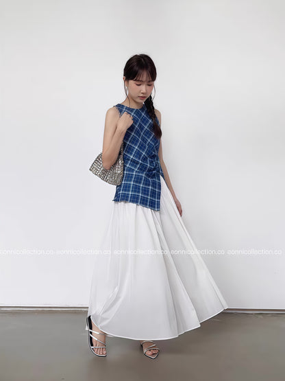 #1072 Navy Checkered Pleated Crop Top Tailored Waist & Side Slit Hem
