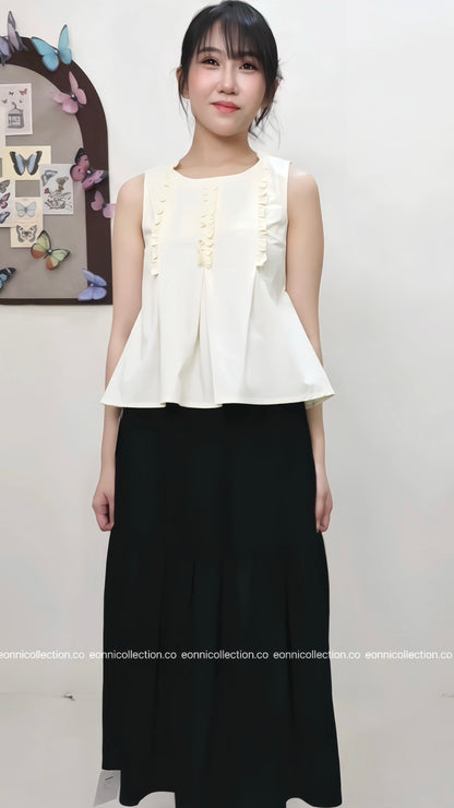 #1075 Sleeveless Pressed Pleats With Ruffle Design Blouse - Yellow