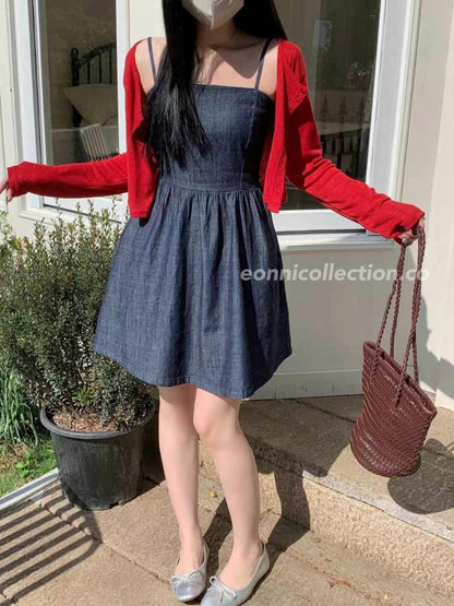 #2007 Soft Denim Cami Dress + Sheer Knit Cardigan | 2-Piece Korean Style Set（2 Colors)