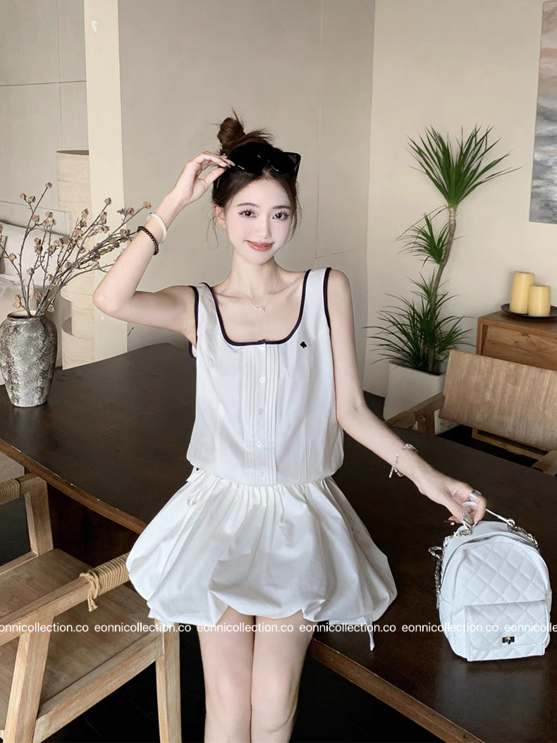 #2034 Sporty Waist Defining Peplum Puff Hem Dress（2 Colors）