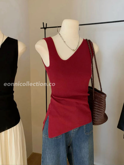 #1019  Irregular Neckline Split Knit Top（3 Colors)