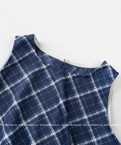 #1072 Navy Checkered Pleated Crop Top Tailored Waist & Side Slit Hem