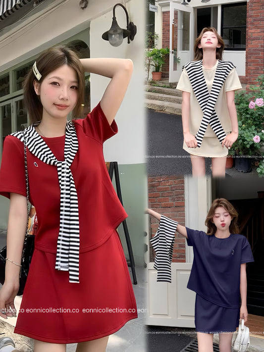 #2061 Korean Style Casual T Shirt + Cover Up High Waist Mini Skirt Three Piece Set（3 Colors）
