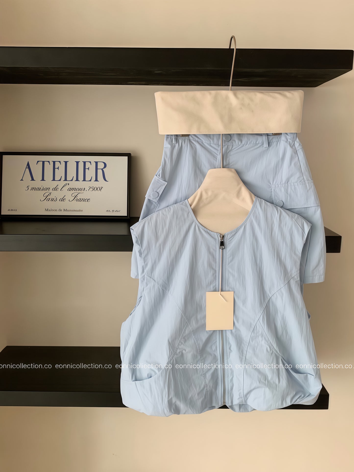 #2041 Korean Style Casual Vest + Cargo Skirt with Built in Safety Shorts - Light Blue
