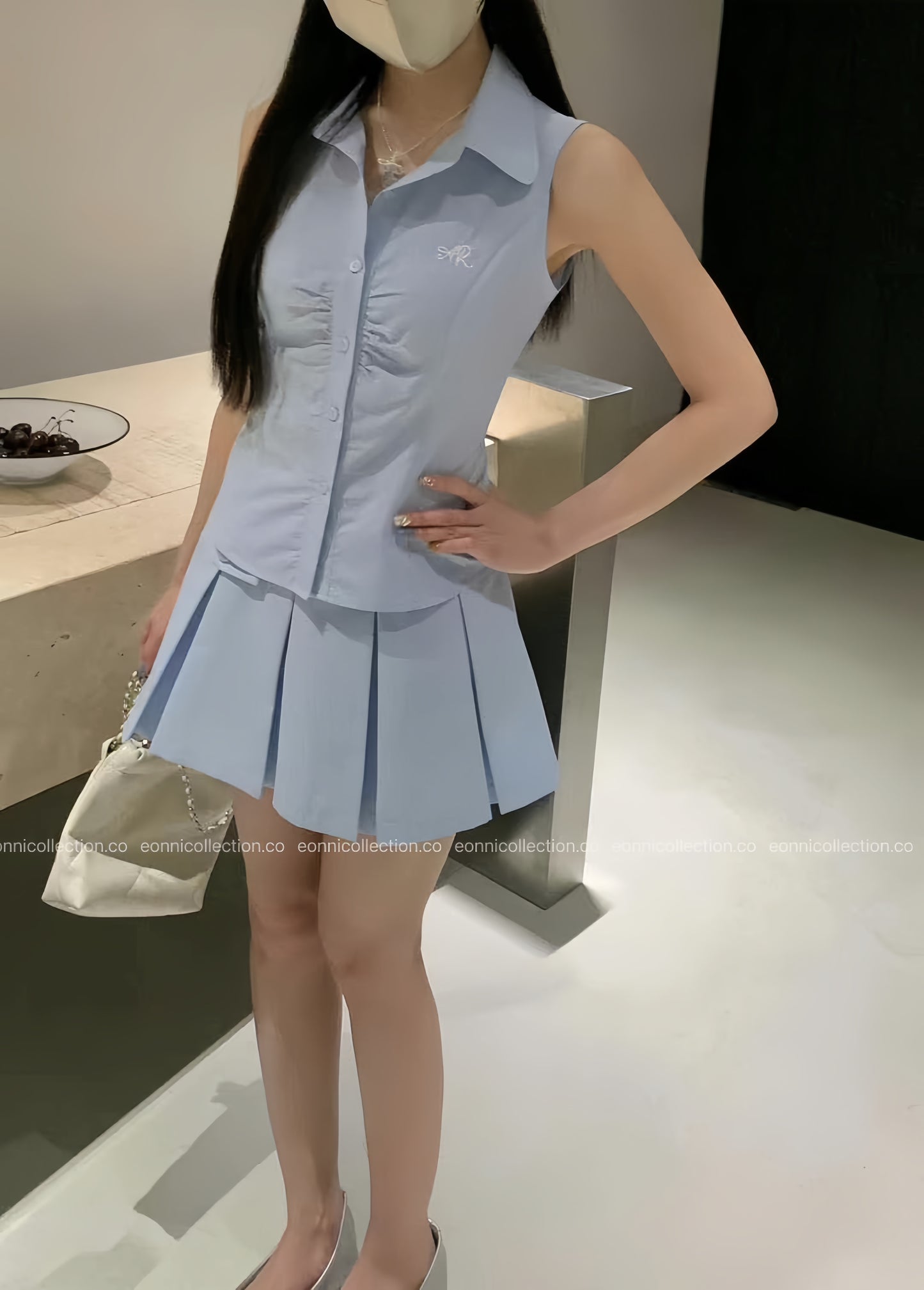#2053 Petite Broderie Sleeveless Blouse & Plisse Skirt Set