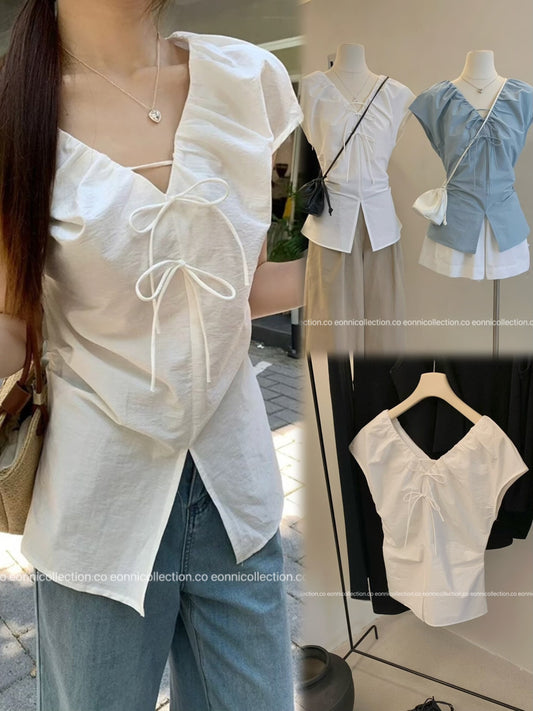 #1079 Crinkled V Neck Blouse Hand Pleated Neckline - White