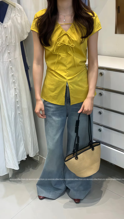 #1079 Crinkled V Neck Blouse Hand Pleated Neckline（4 Colors）