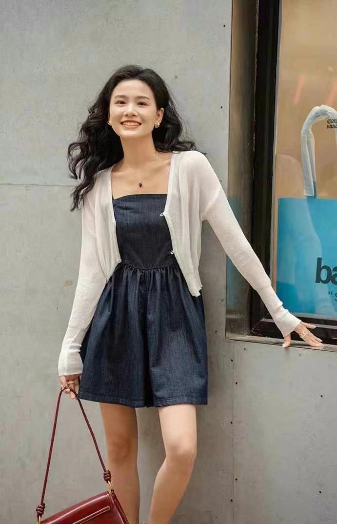 #2007 Soft Denim Cami Dress + Sheer Knit Cardigan | 2-Piece Korean Style Set（2 Colors)