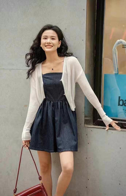 #2007 Soft Denim Cami Dress + Sheer Knit Cardigan | 2-Piece Korean Style Set（2 Colors)