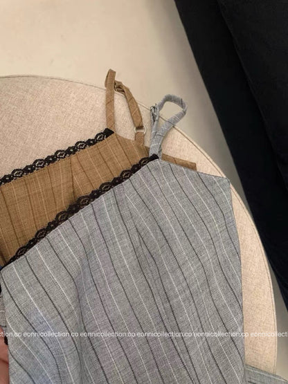 #2060 Vintage British Striped Strappy Blazer Dress（2 Colors）