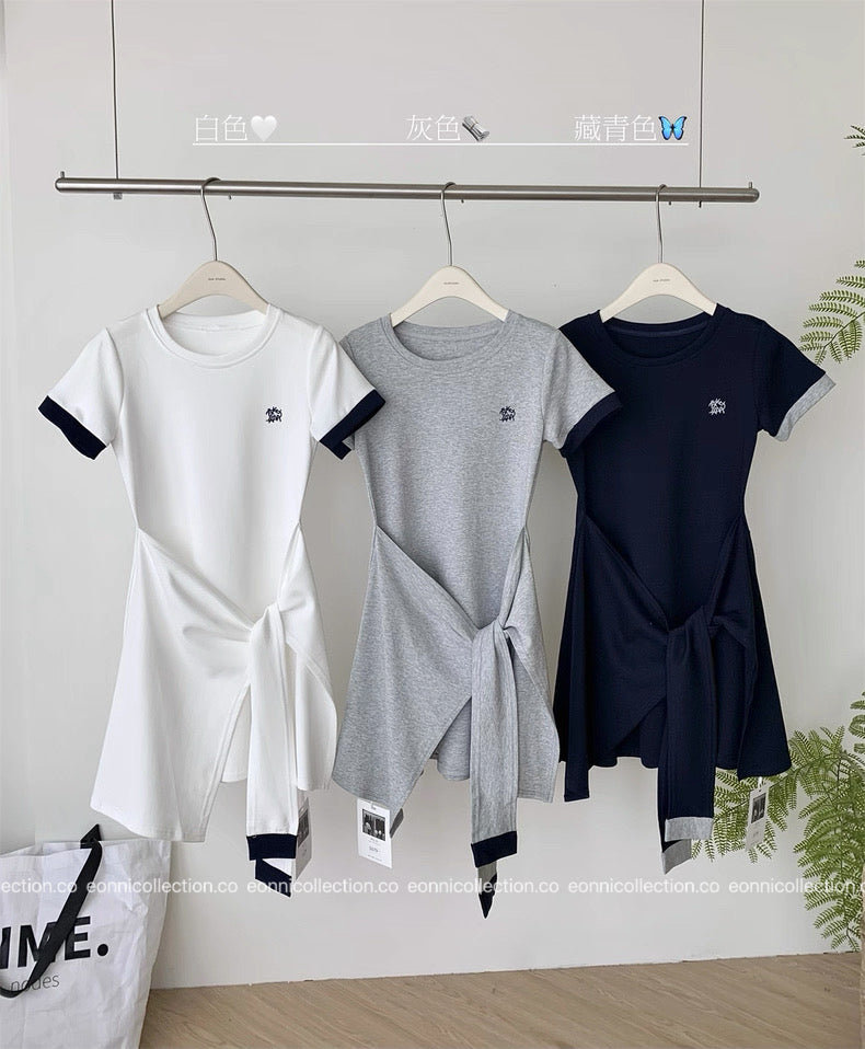 #2086 Preppy Cotton Tee Dress with Subtle Embroidery（3 Colors）