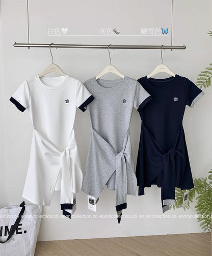 #2086 Preppy Cotton Tee Dress with Subtle Embroidery（3 Colors）