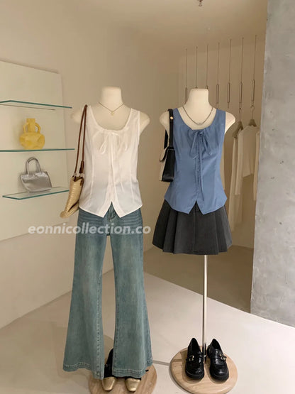 #1017 French Chic Sleeveless Tie Blouse（2 Colors)