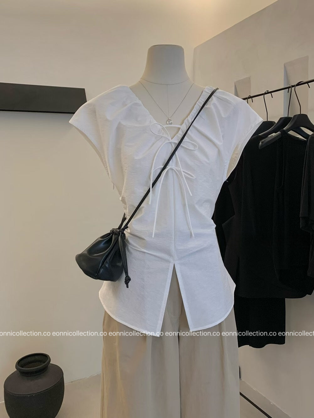 #1079 Crinkled V Neck Blouse Hand Pleated Neckline - White