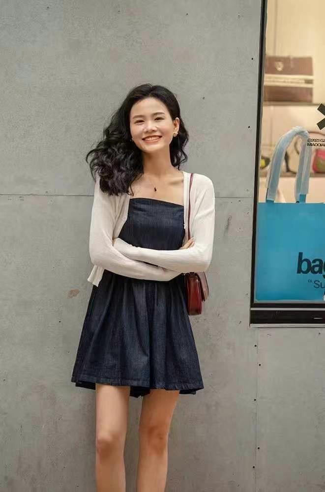 #2007 Soft Denim Cami Dress + Sheer Knit Cardigan | 2-Piece Korean Style Set（2 Colors)