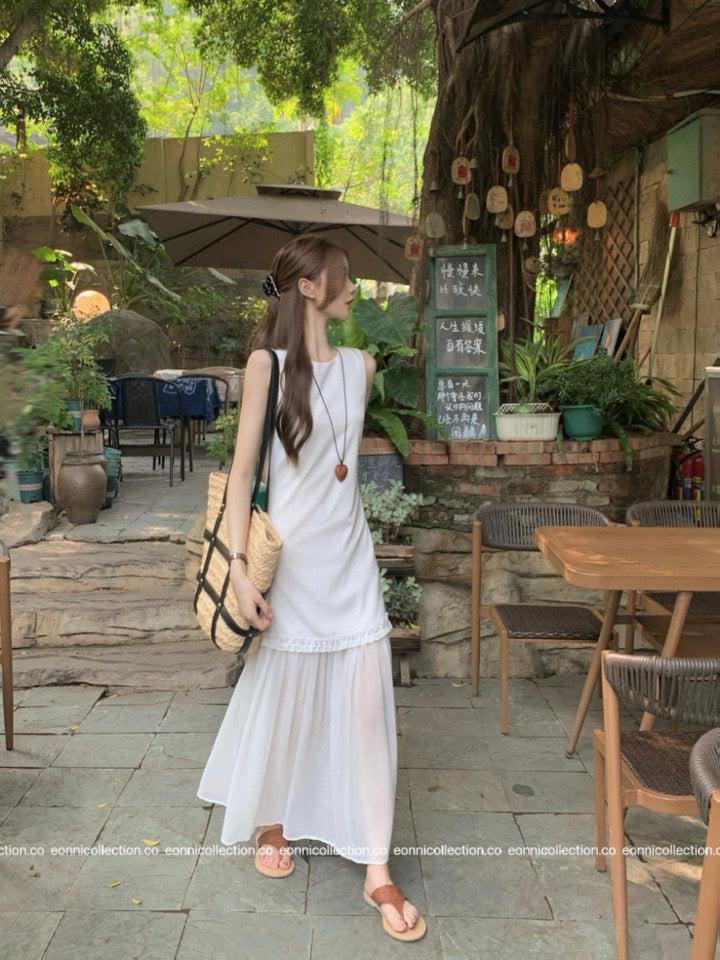 #2050 Vest Dress in Cotton Linen with Artisan Tiered Panels（3 Colors）