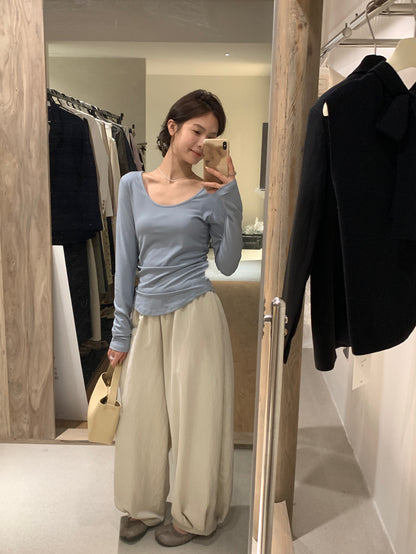 #3017 Japanese Inspired Tencel Cotton Wide Leg Pant - Relaxed Lantern Silhouette - Beige