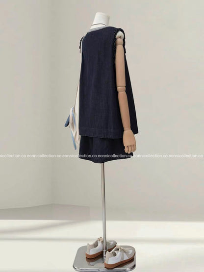 #2107 Colorblock Layered-Look Tank & Denim Shorts Set