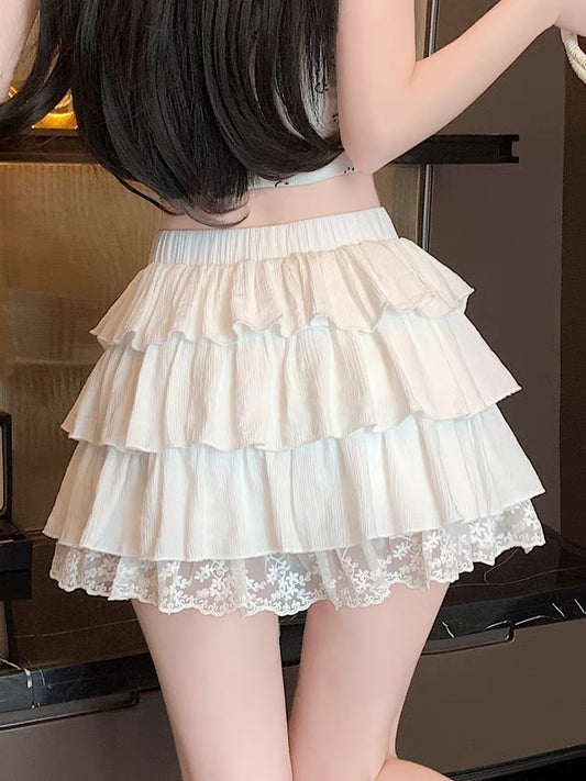 #3018 Lace Paneled A-Line Tiered Skirt - Cream