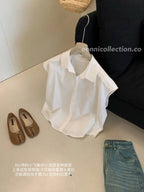 #1002 Ramie Flutter Sleeve Collared Blouse（2 Colors)