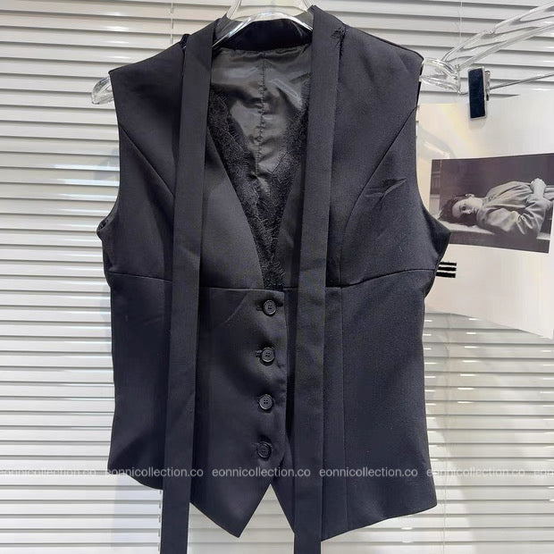 #1065 Runway Inspired Lace Trimmed Blazer Vest