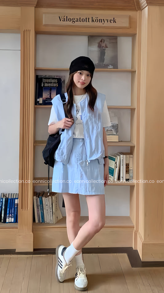 #2041 Korean Style Casual Vest + Cargo Skirt with Built in Safety Shorts - Light Blue