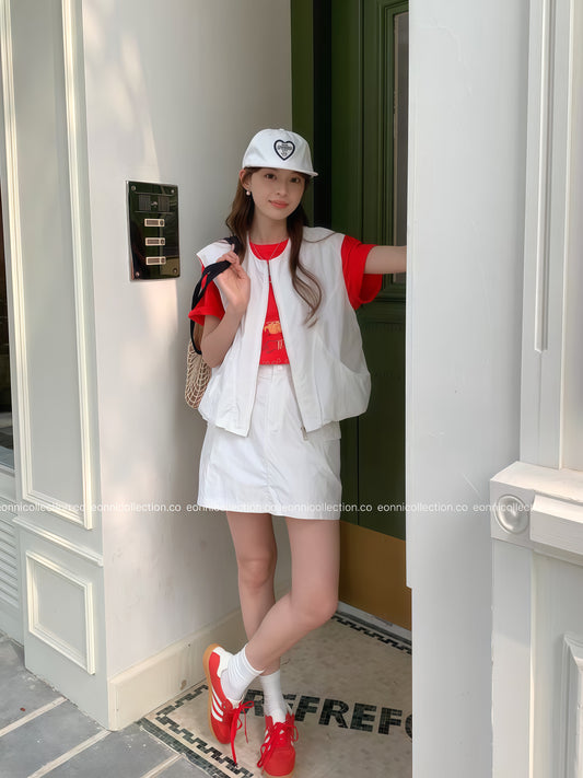 #2041 Korean Style Casual Vest + Cargo Skirt with Built in Safety Shorts - White