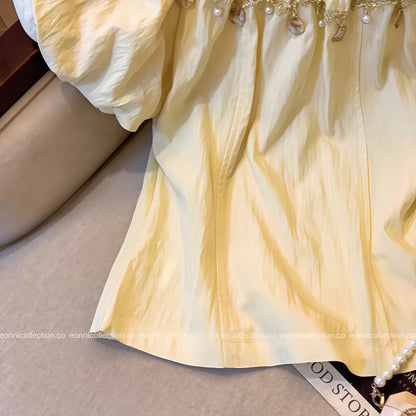 #1062 Off Shoulder Beaded Fringe Puff Sleeve Top + Matching Hair Tie（3 Colors)