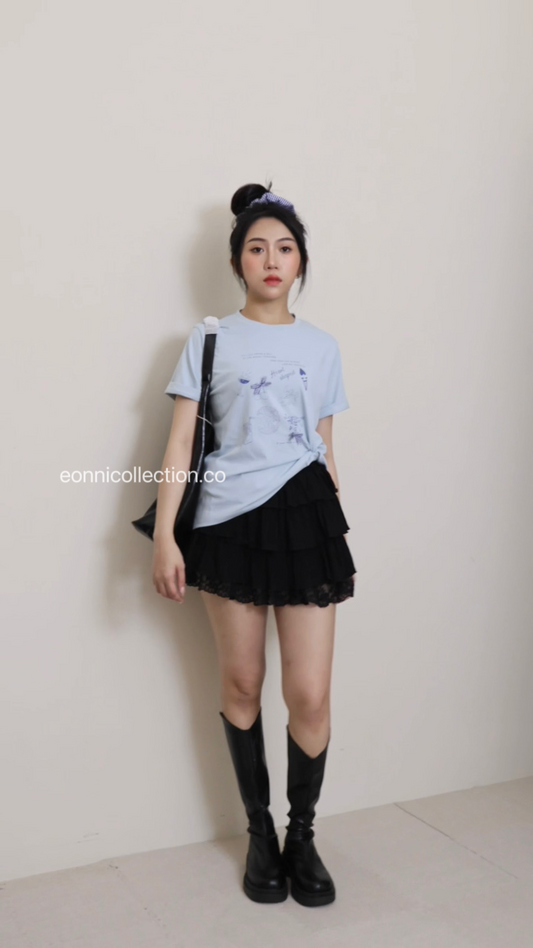 #1056 Ins Graphic Print Round Neck Oversized Tee + Hair Tie - Blue