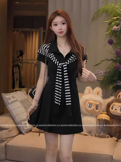 #2105 Preppy Polo Dress 3-Piece Set with Brooch（3 Colors）