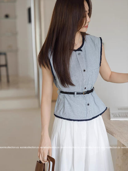#1092 Chanel Colorblock Vest Raw Edging with Belt (2 Colors)
