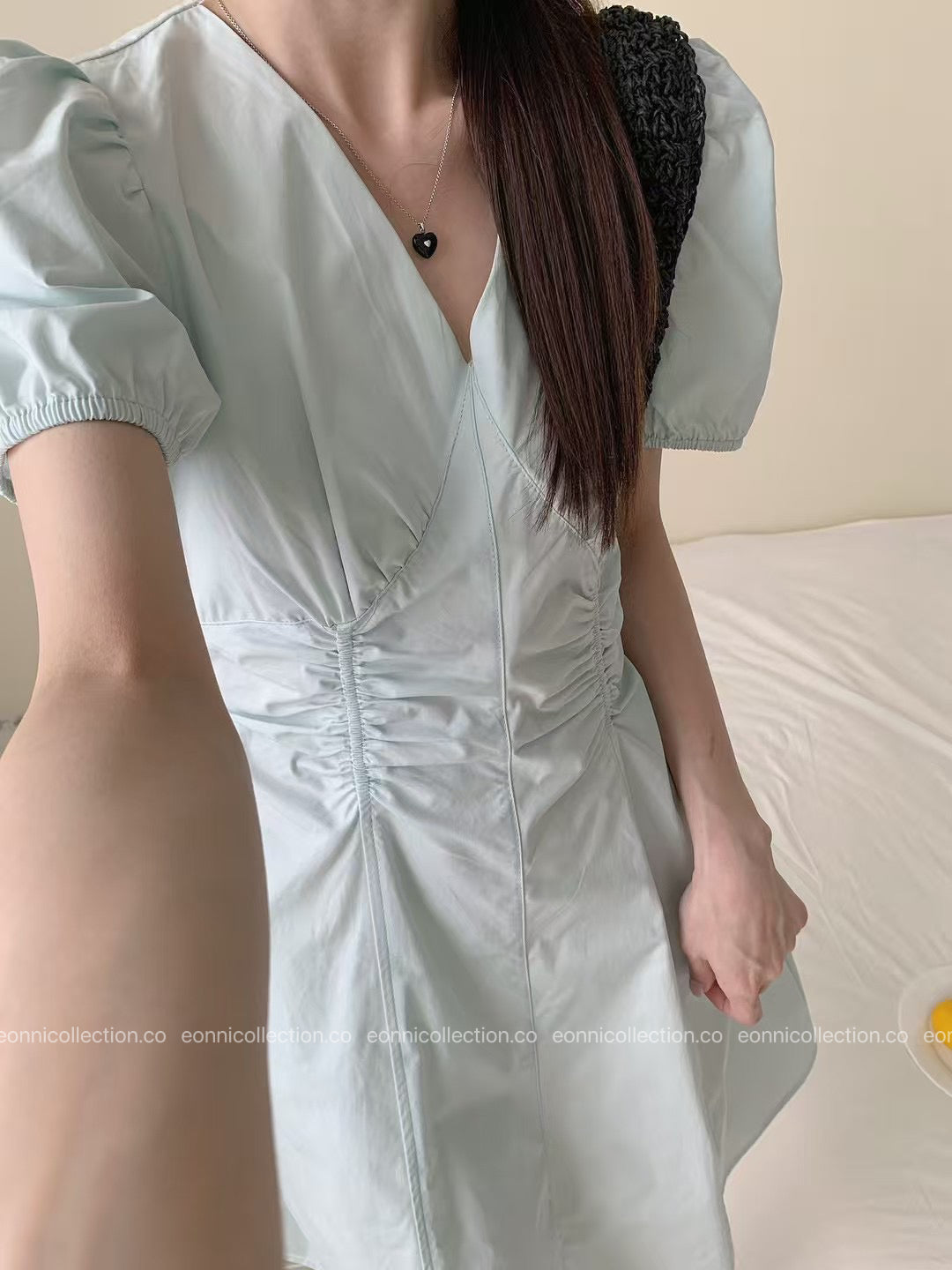 #2095 Korean V Neck Waist Gathered A Line Dress（3 Colors）
